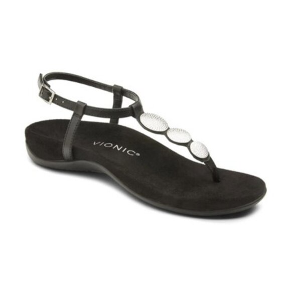 VIONIC Black Lisbeth Sandals Leather Toe Post Silver Orthotic Shoes Size 8-8.5 - Picture 1 of 6
